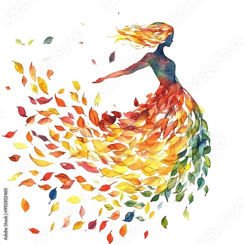 Watercolor Illustration of a Woman in a Dress of Autumn Leaves.