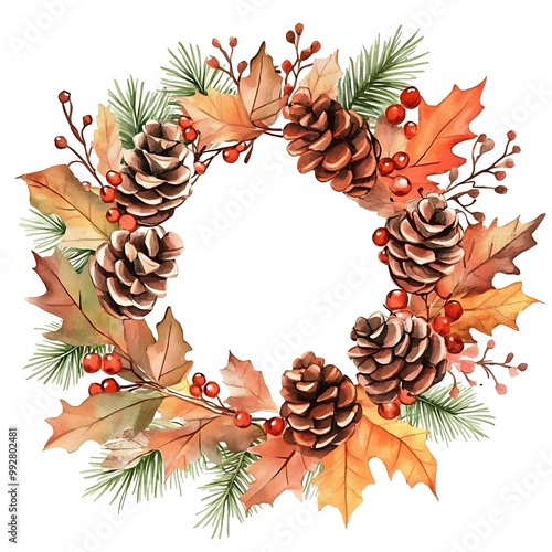 Watercolor Autumn Wreath with Pine Cones, Leaves, and Berries.
