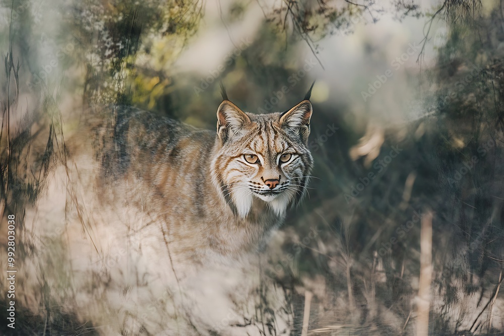 Fototapeta premium Lynx in the Woods - A Close-Up of a Wildcat Peeking Through the Trees.