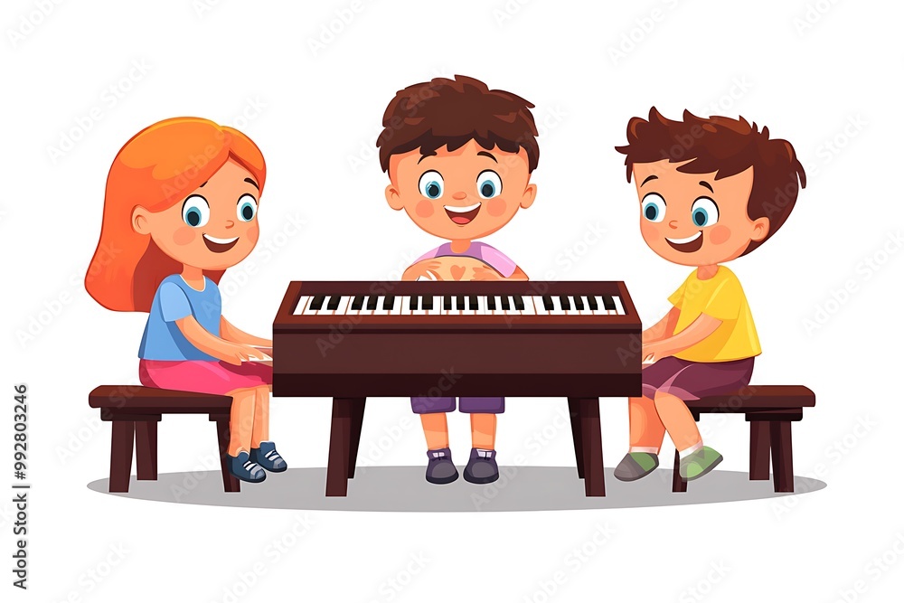 Happy Children Playing Piano Together.