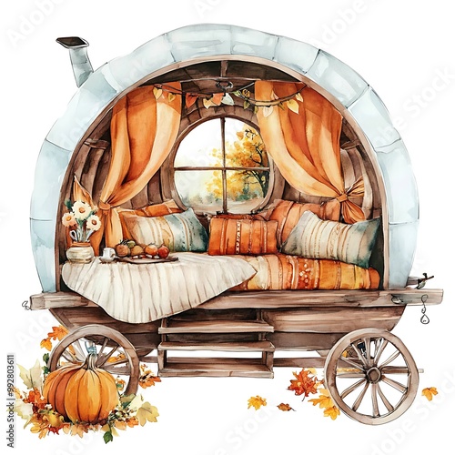 Cozy Watercolor Illustration of a Fall-Themed Gypsy Wagon.