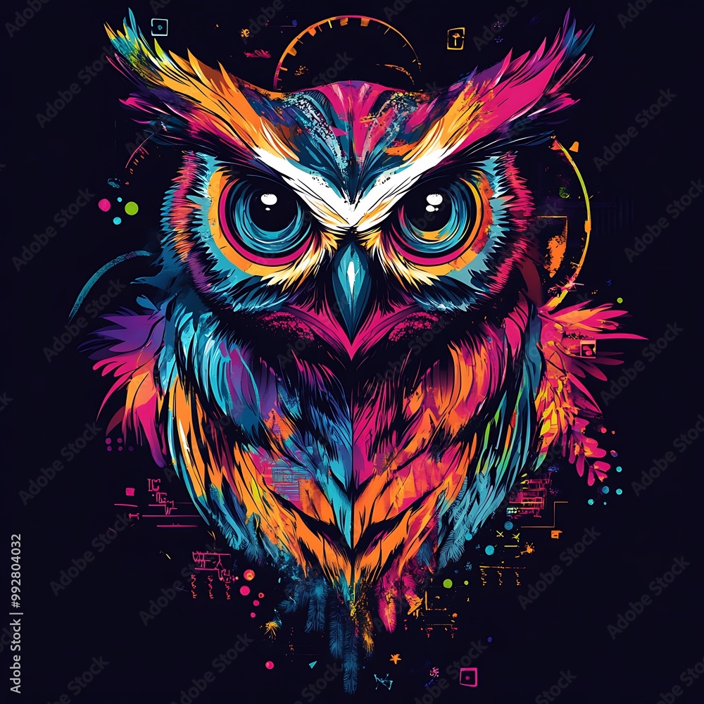 A Vividly Colored Owl with Abstract Background A Vividly Colored Owl with Abstract Background