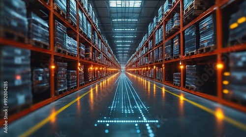 A digital warehouse equipped with electronic grids and a bar code scanner illustrates the seamless integration of technology in inventory management.