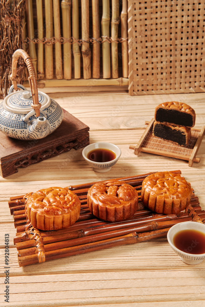 Obraz premium Mooncakes and teacups on wooden tray, suitable for MidAutumn Festival or Chinese culturethemed designs and concepts.