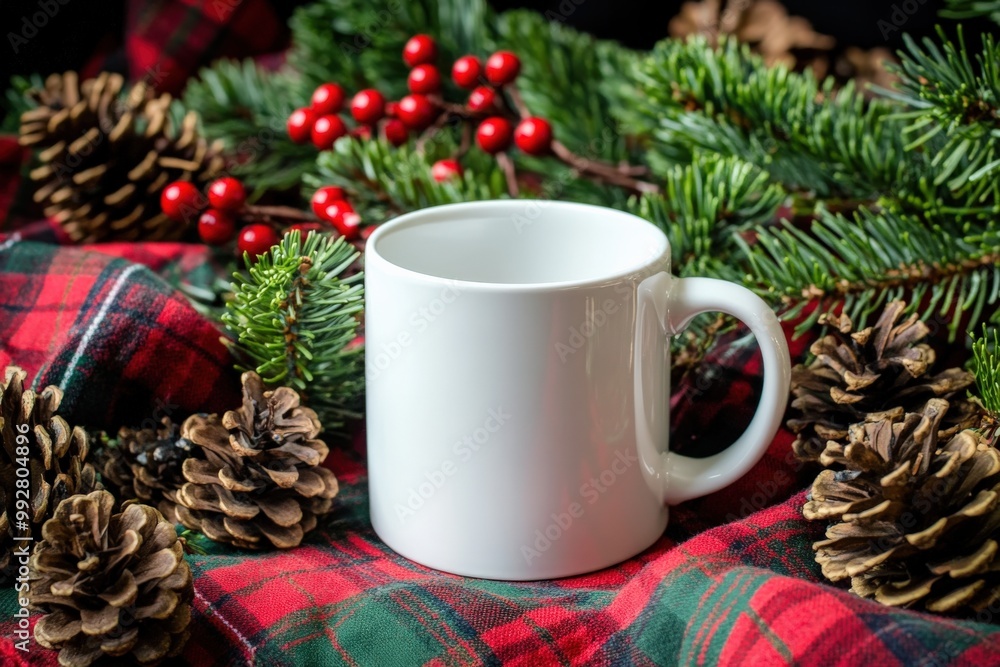custom made wallpaper toronto digitalWhite Mug Mockup on Plaid with Christmas Pinecones and Berries