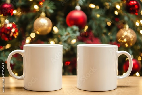 Wallpaper Mural Pair of White Mugs Mockup with Christmas Tree and Ornaments Background Torontodigital.ca