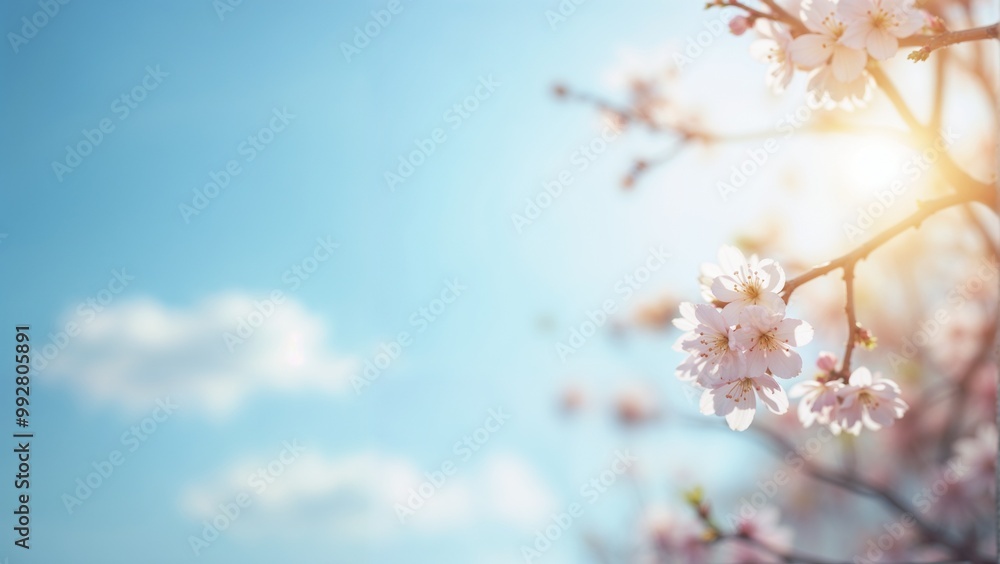 Cherry blossoms blooming in spring sunshine against a bright blue sky with soft clouds Cherry blossoms blooming in spring sunshine against a bright blue sky with soft clouds