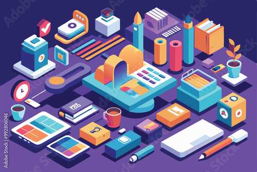 A creative workspace filled with colorful office supplies and tools arranged for brand guideline customization, Customizable Isometric Illustration for Brand Guidelines