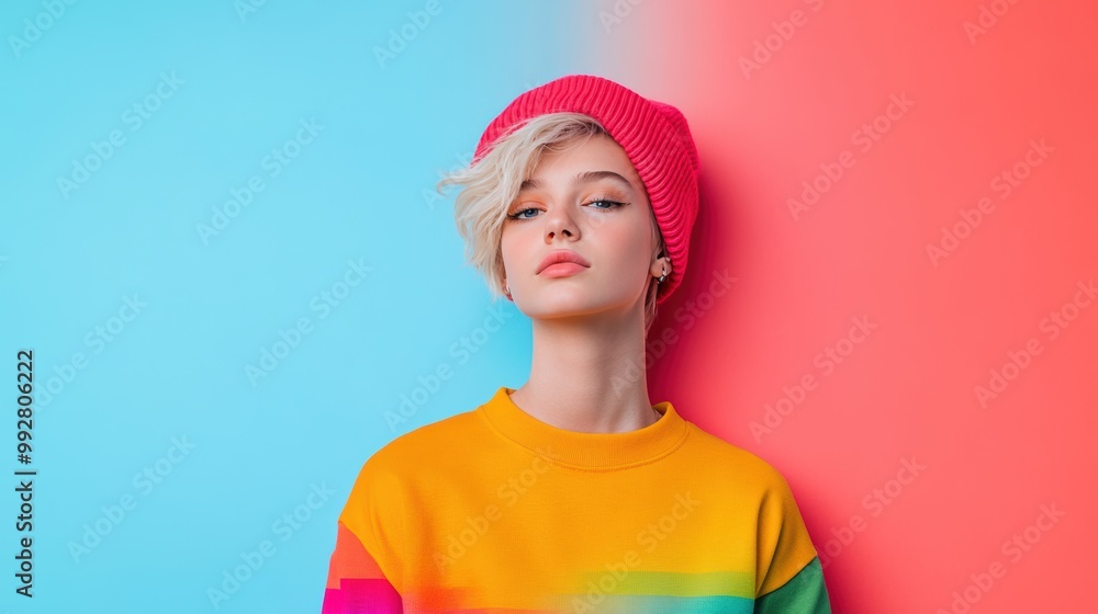 A young person standing confidently, dressed in rainbow clothing, with a fierce expression of pride and self acceptance. A young person standing confidently, dressed in rainbow clothing, with a fierce expression of pride and self acceptance.
