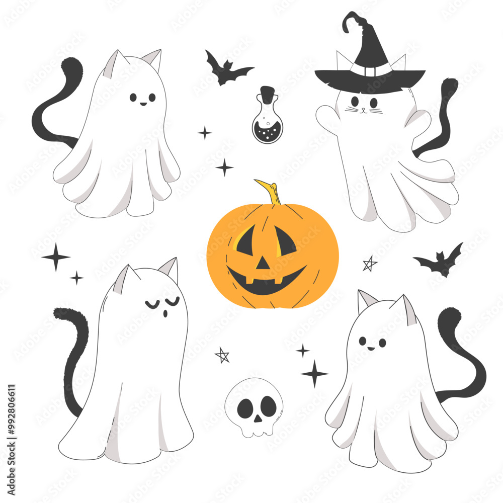 Set Halloween ghost cats with witch hat, cute doodle characters in costumes cute spooky decoration, line. Bat, stars, moon elements. Animal with black tail. Set Halloween ghost cats with witch hat, cute doodle characters in costumes cute spooky decoration, line. Bat, stars, moon elements. Animal with black tail.