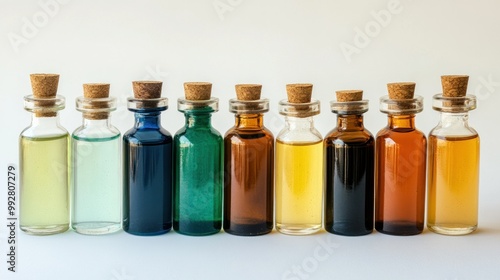 A row of eight glass bottles with cork stoppers, containing various liquids.