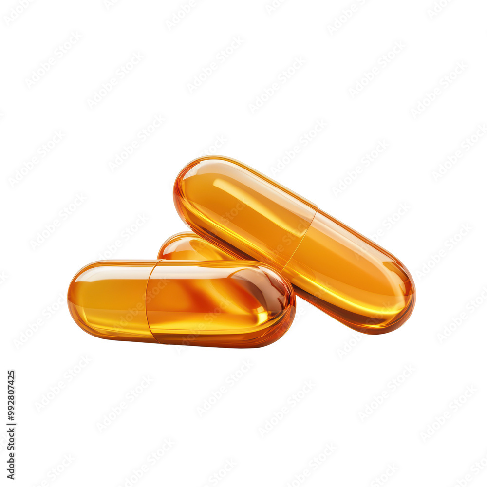 Close-Up of Two Shiny Orange Capsules on Transparent Background - Pharmaceutical and Healthcare Concept Close-Up of Two Shiny Orange Capsules on Transparent Background - Pharmaceutical and Healthcare Concept