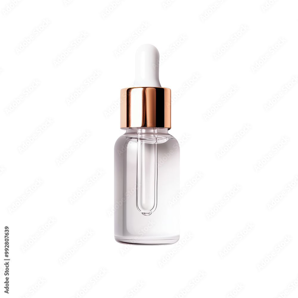 Elegant Glass Dropper Bottle with Rose Gold Cap for Skincare and Essential Oils on Transparent Background Elegant Glass Dropper Bottle with Rose Gold Cap for Skincare and Essential Oils on Transparent Background
