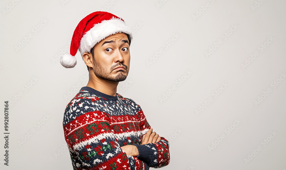 Doubtful expression, man celebrating Christmas Doubtful expression, man celebrating Christmas