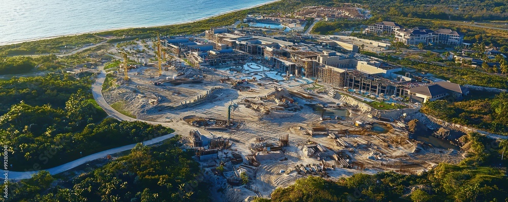 Aerial view of a large-scale coastal resort under construction, highlighting the environmentally sensitive design and luxury amenities Aerial view of a large-scale coastal resort under construction, highlighting the environmentally sensitive design and luxury amenities