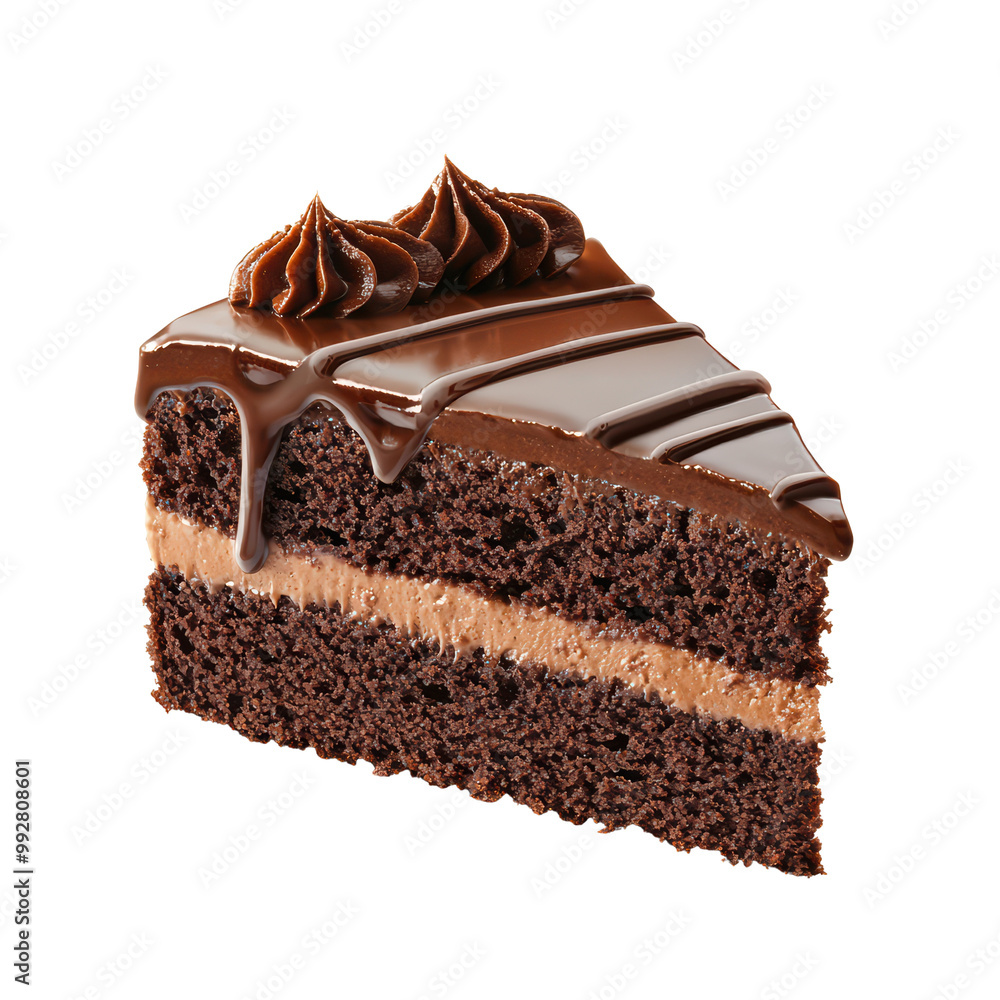 Delicious Slice of Chocolate Cake with Rich Frosting and Drizzle on a Transparent Background Delicious Slice of Chocolate Cake with Rich Frosting and Drizzle on a Transparent Background