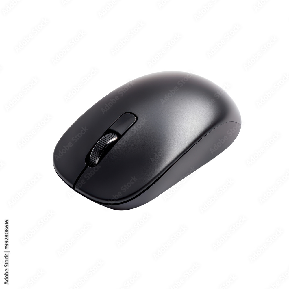 Sleek Black Wireless Computer Mouse with Scroll Wheel on Transparent Background for Office and Home Use