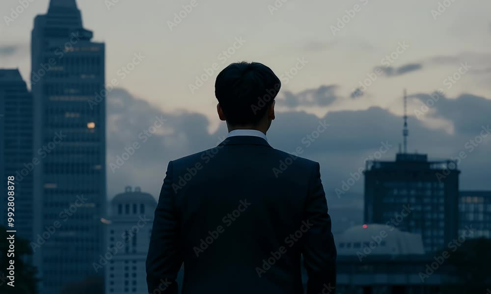 Dusk brings dramatic clouds over the city skyline, with a businessman in silhouette creating a visually striking moment Dusk brings dramatic clouds over the city skyline, with a businessman in silhouette creating a visually striking moment