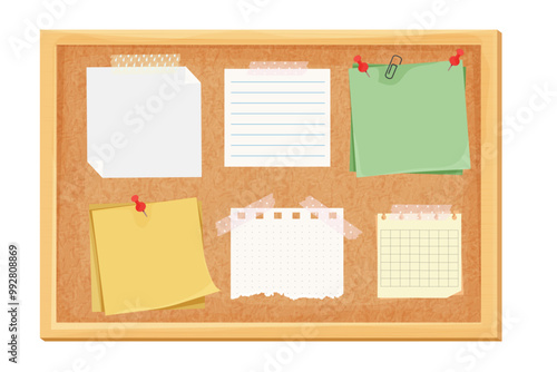 Sticky notes, paper reminder on corkboard with pin, tape. Postit, memo notes, idea or lists sheets. Organizer, wood frame.