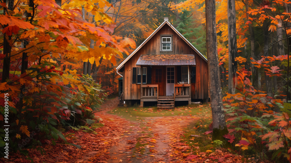 Cozy wooden old cabin surrounded by vibrant autumn foliage Cozy wooden old cabin surrounded by vibrant autumn foliage