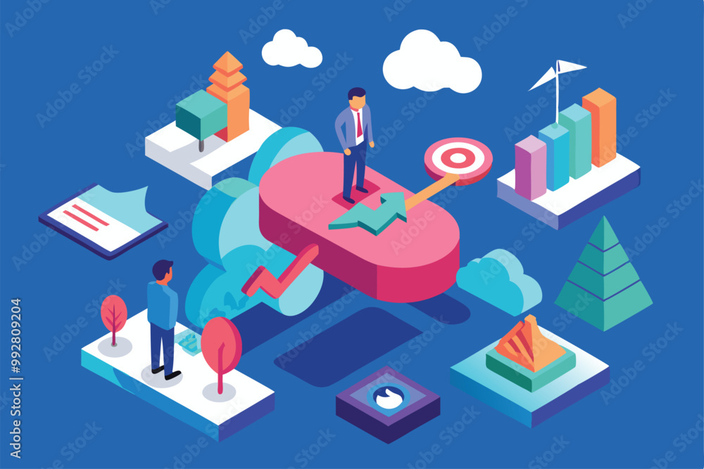Business professionals analyze strategies while engaging with interactive isometric elements and data visuals, Customizable isometric illustration for business vision. Business professionals analyze strategies while engaging with interactive isometric elements and data visuals, Customizable isometric illustration for business vision.