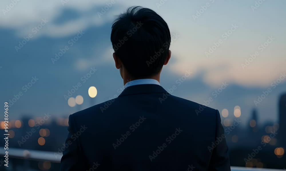 City buildings rise against dramatic clouds at dusk, with a businessman in silhouette creating a visually stunning moment City buildings rise against dramatic clouds at dusk, with a businessman in silhouette creating a visually stunning moment