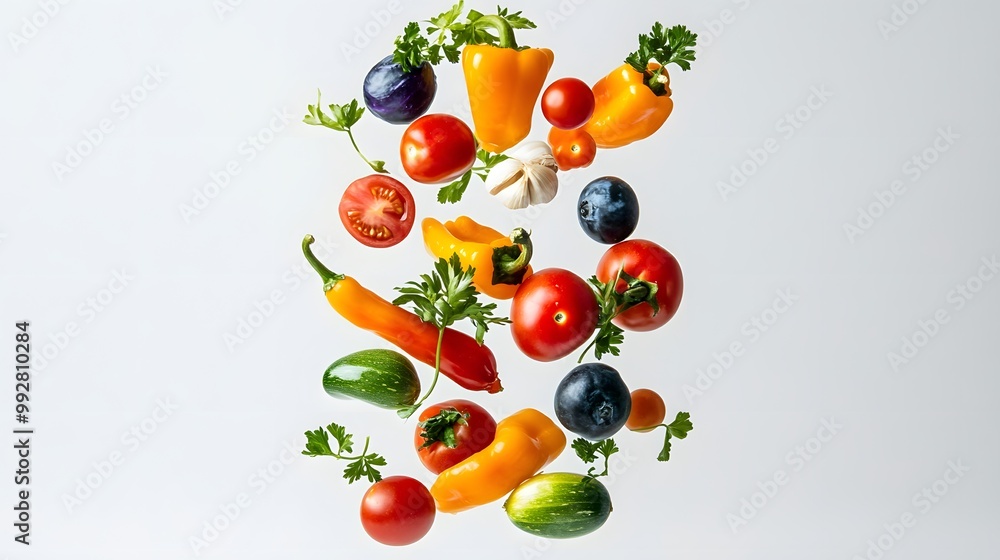 Mixed vegetables tumbling gracefully isolated on a clean white backdrop Mixed vegetables tumbling gracefully isolated on a clean white backdrop
