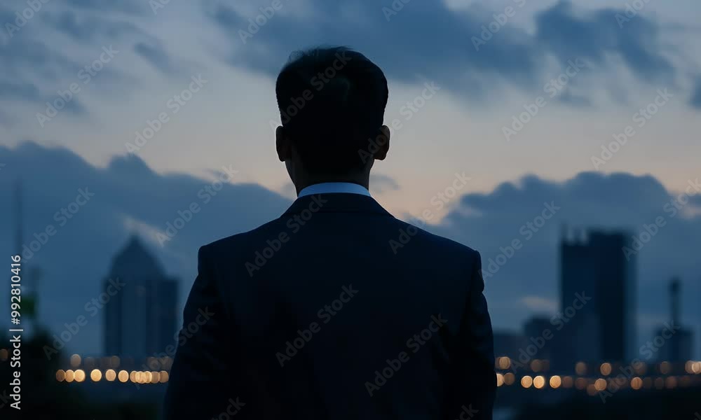 Silhouette of a businessman stands before city buildings, as dramatic clouds roll in at dusk, creating a powerful scene Silhouette of a businessman stands before city buildings, as dramatic clouds roll in at dusk, creating a powerful scene