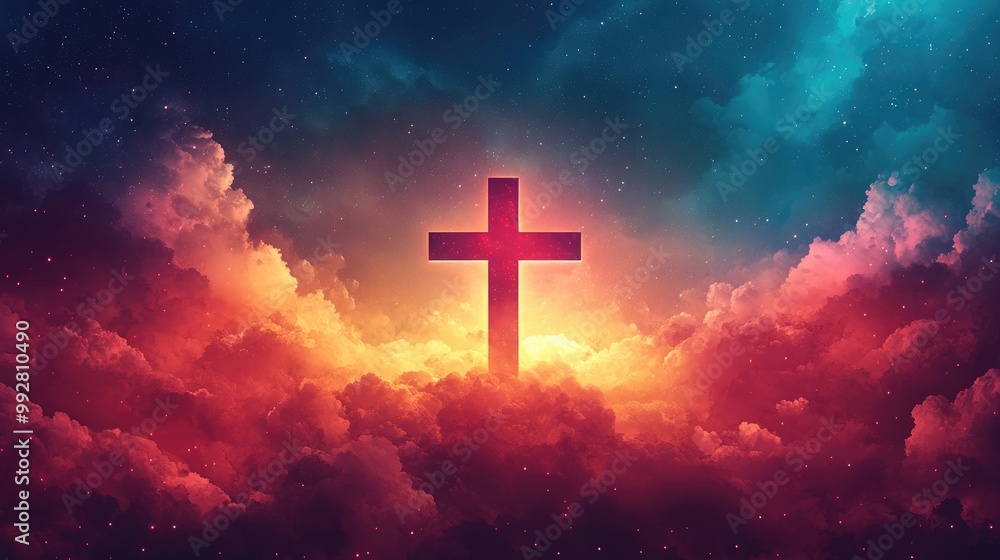 Cross symbol on a colorful clouds background Cross symbol on a colorful clouds background