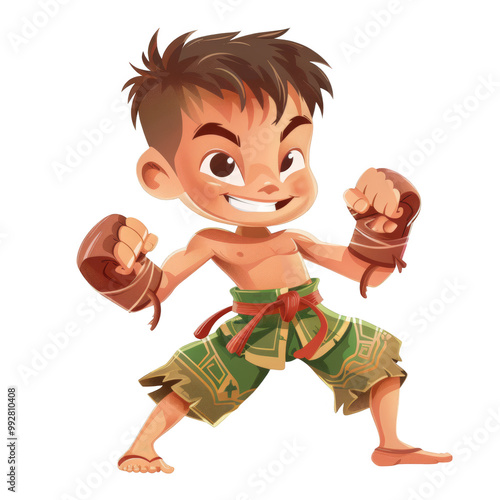 A cartoon illustration of a young boy with a smile on his face wearing traditional Thai fighting attire and standing in a fighting stance. photo