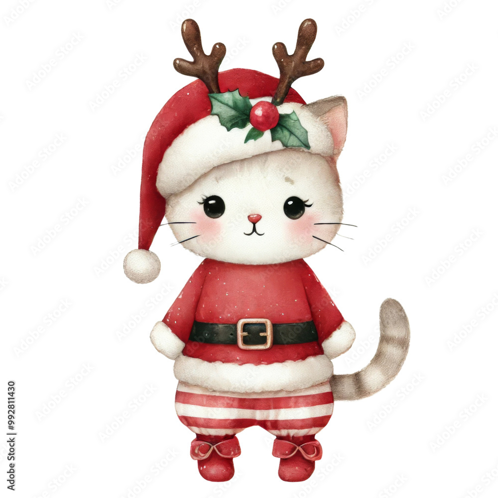 Cute cat wearing Christmas outfit and festive sweater. Watercolor sticker isolated on transparent background. Cute cat wearing Christmas outfit and festive sweater. Watercolor sticker isolated on transparent background.