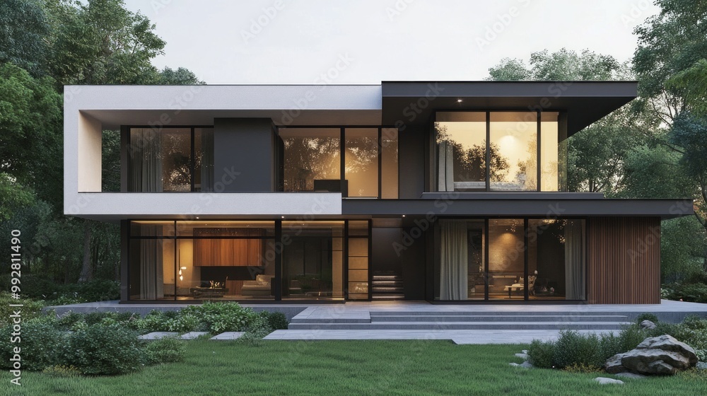 Modern residential architecture featuring a flat roof, expansive windows, and a sleek, angular design crafted from metal, concrete, and wood materials. Modern residential architecture featuring a flat roof, expansive windows, and a sleek, angular design crafted from metal, concrete, and wood materials.