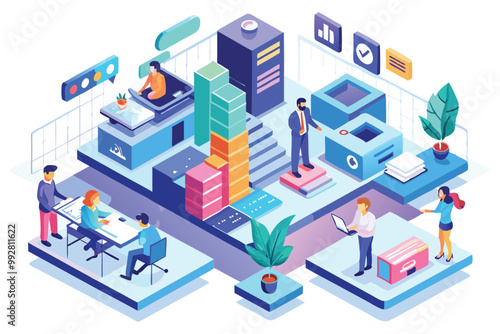 A vibrant isometric illustration depicts consulting professionals collaborating in an engaging office environment, Customizable isometric illustration for consulting.