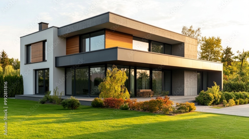 Contemporary Home Exterior, sleek flat roof, expansive glass windows, minimalist angular architecture, harmonious blend of metal, concrete, and wood materials