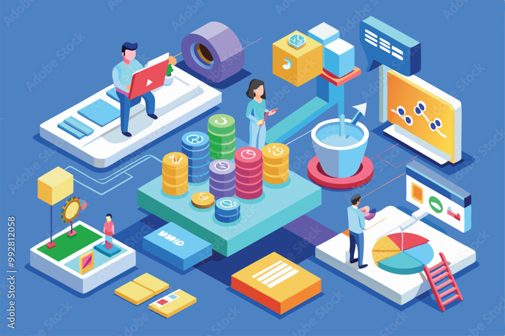 Professionals engage in digital tasks, focusing on data conversion and financial analysis in a modern workspace, Customizable Isometric Illustration Forever Professionals engage in digital tasks, focusing on data conversion and financial analysis in a modern workspace, Customizable Isometric Illustration Forever