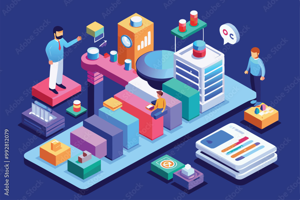 The illustration showcases a dynamic workspace focused on data conversion with various engaging elements, Customizable Isometric Illustration Forever The illustration showcases a dynamic workspace focused on data conversion with various engaging elements, Customizable Isometric Illustration Forever