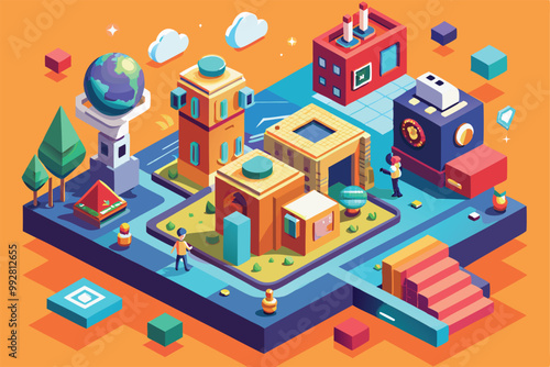 The vibrant illustration features a whimsical urban environment with unique buildings, trees, and globes, Customizable Isometric Illustration for Curiosity