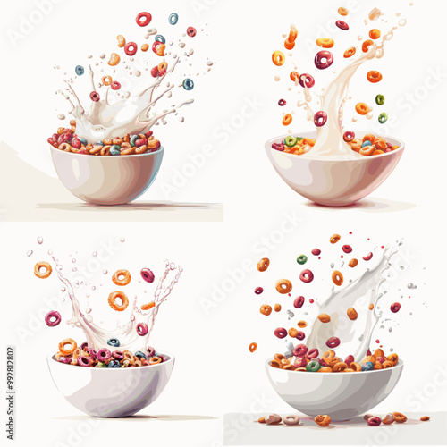 Four bowls of cereal with milk are shown in different stages of being eaten. The bowls are filled with various types of cereal, including Cheerios, and the milk is splashing out of the bowls