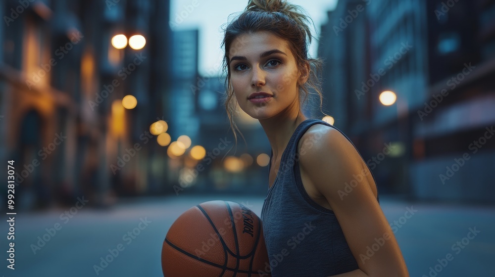 Confident Young Female Basketball Player on Urban Court at Dusk Showing Athleticism and Joy in Photorealistic Style Confident Young Female Basketball Player on Urban Court at Dusk Showing Athleticism and Joy in Photorealistic Style