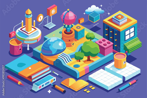 A vibrant isometric design showcases imaginative structures and playful elements in a whimsical setting, Customizable isometric illustration for curious minds.