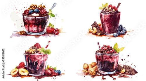 Four different types of fruit smoothies are shown in a row, each with a different topping. The smoothies are served in four different types of glasses, with some containing nuts