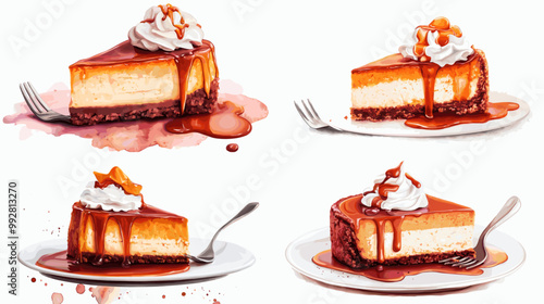 Four slices of cheesecake with whipped cream on top. The cakes are all different colors and sizes