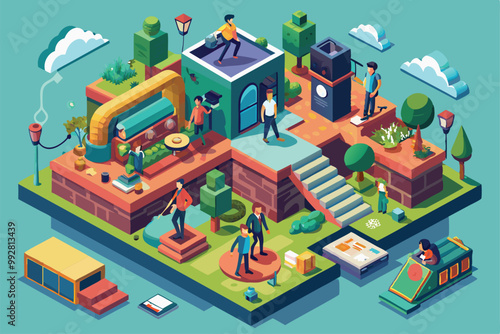 A colorful isometric illustration features people engaged in various activities in a lively urban park setting, Customizable isometric illustration for curious people.