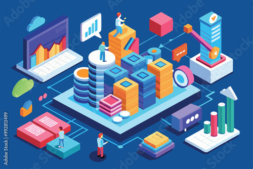 This illustration showcases customizable isometric elements for visualizing data trends and analytics, Customizable Isometric Illustration for Data Trends