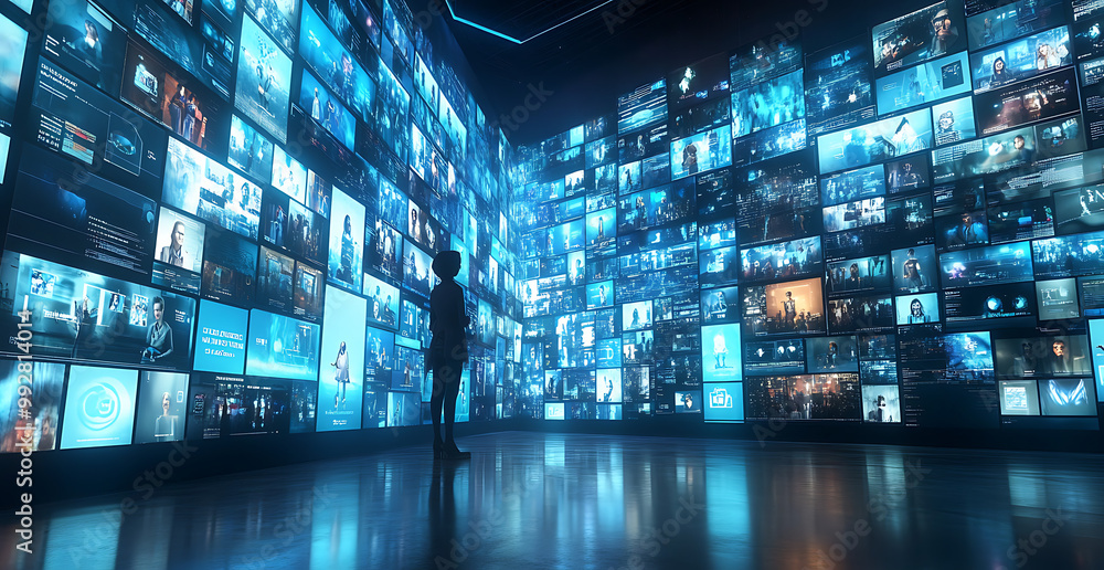 A large wall of digital screens displays various social media platforms A large wall of digital screens displays various social media platforms