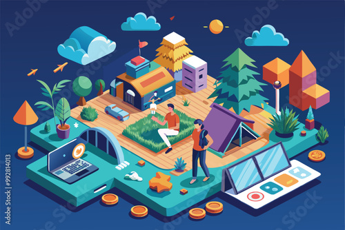 A vibrant campsite with digital elements features people enjoying outdoor activities and nature, Customizable Isometric Illustration for Digital Nomads