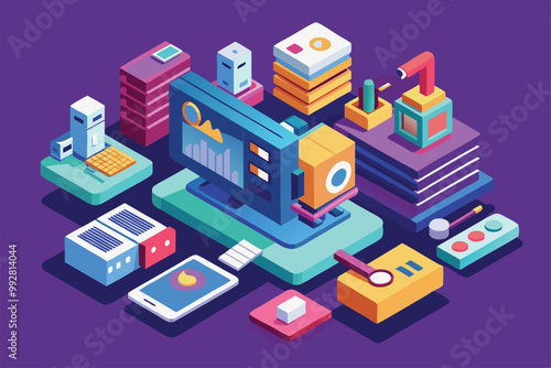 Explore a vibrant digital workspace featuring a variety of tech devices, graphs, and data visualization tools, Customizable Isometric Illustration for Digital Tools