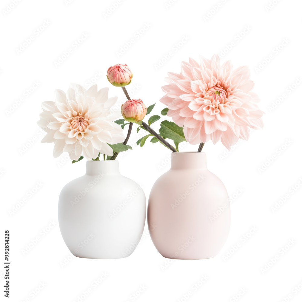Elegant Pink and White Dahlias in Minimalist Vases on Transparent Background for Home Decor and Floral Arrangements Elegant Pink and White Dahlias in Minimalist Vases on Transparent Background for Home Decor and Floral Arrangements