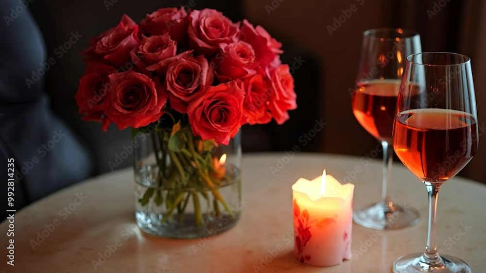 Romantic Table Setting with Red Roses, Wine Glasses, and Candle Romantic Table Setting with Red Roses, Wine Glasses, and Candle