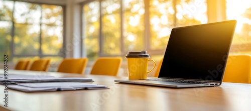 Wallpaper Mural Bright Modern Workspace with Laptop and Coffee Torontodigital.ca